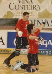 Os xogadores do Liceo celebrando un gol ante o Mataró